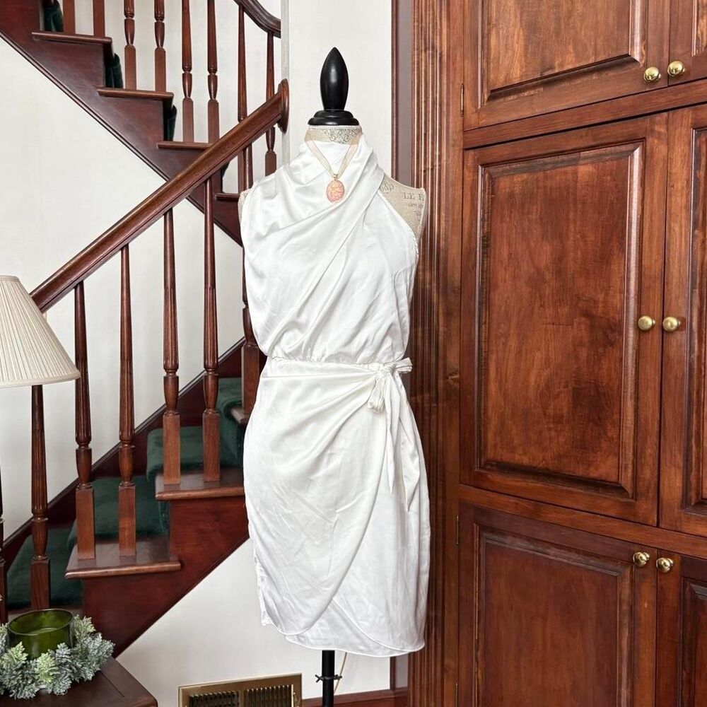 Zesica Halter Satin Bodycon Wrap Mini Dress White Medium Womens